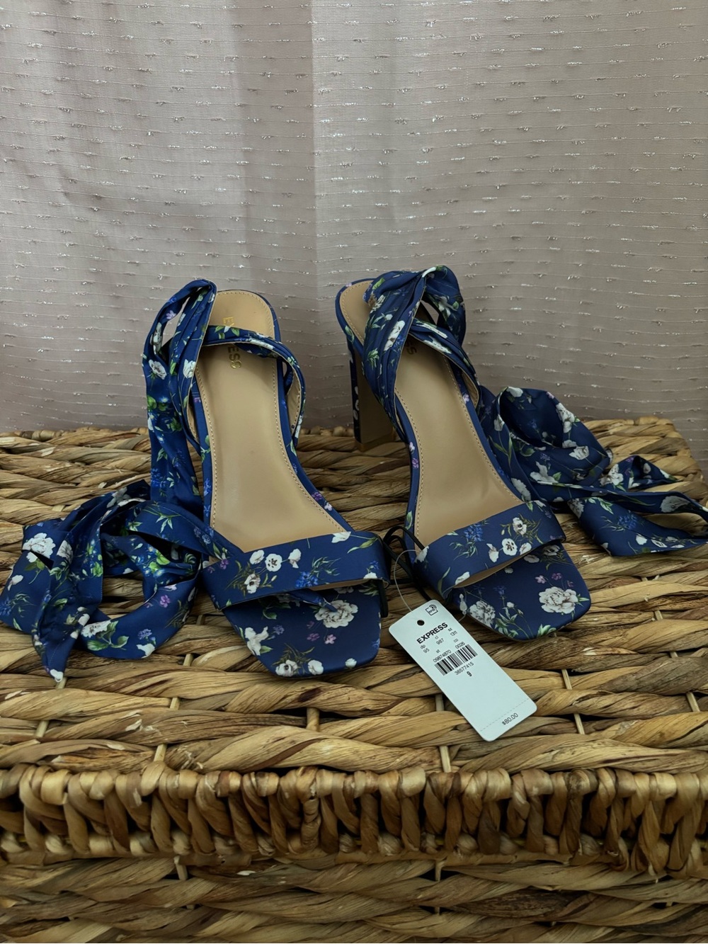 Express Navy Floral Tie-Ankle Block Heel Sandals